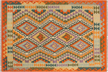 Flat Weave Kilim, Antique, Navaho, Vintage, Handmade, Geometric Kilim Rust Blue Hand-Woven Rectangle 100% Wool Area Rug 4 x 6